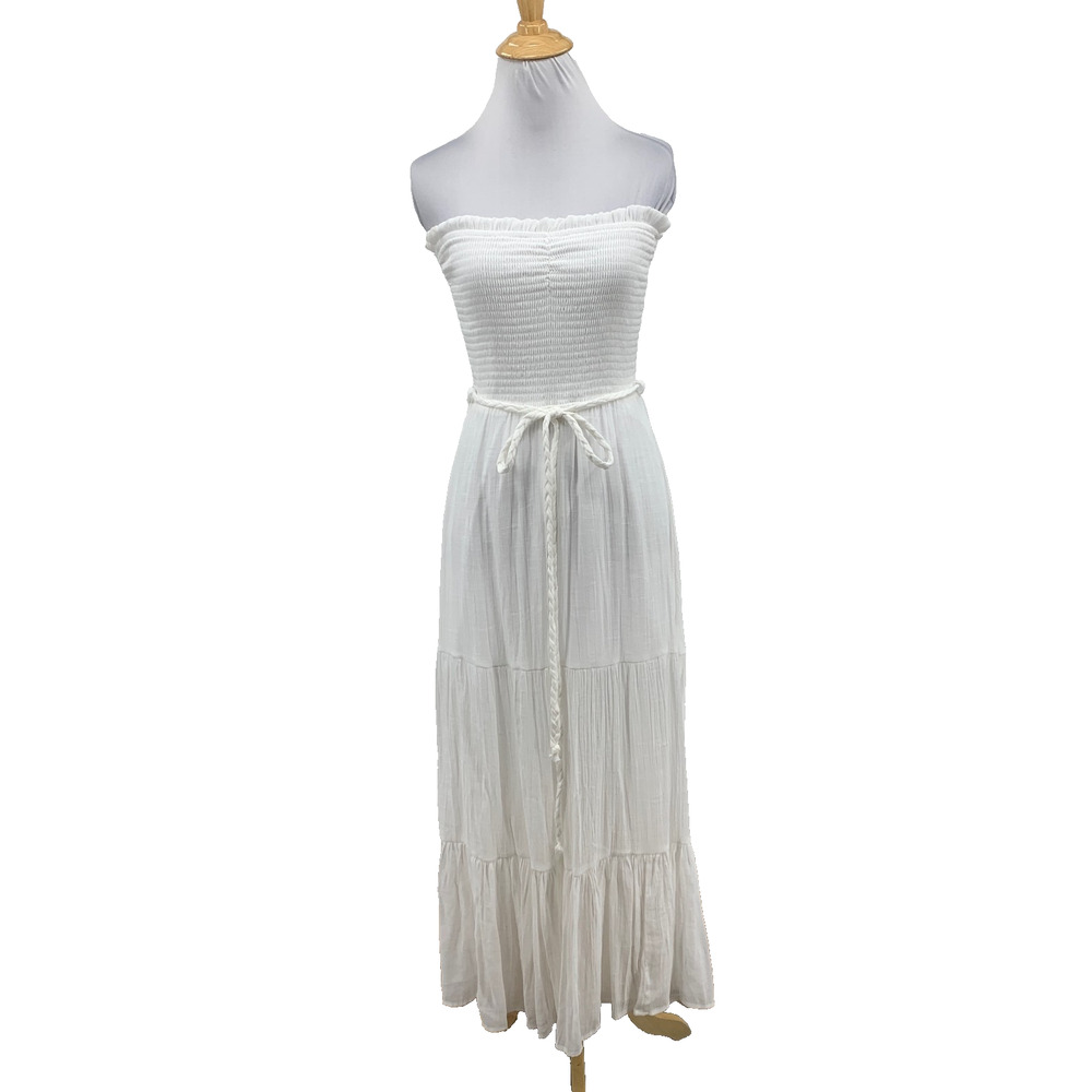 2bella Dress Women M Medium White Smocked Bodice Strapless Waist Tie Tiered Maxi